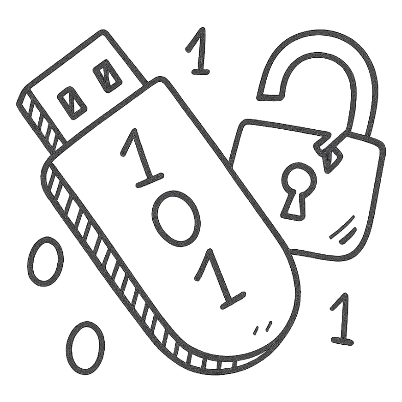 hand-drawn outlined icon of a USB drive and broken lock merged, tilted down-left, transparent, gray and black, with 1s and 0s inside sticker