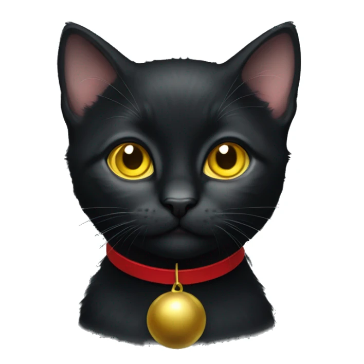 Black kitten with yellow eyes and a red collar with a little bell sticker