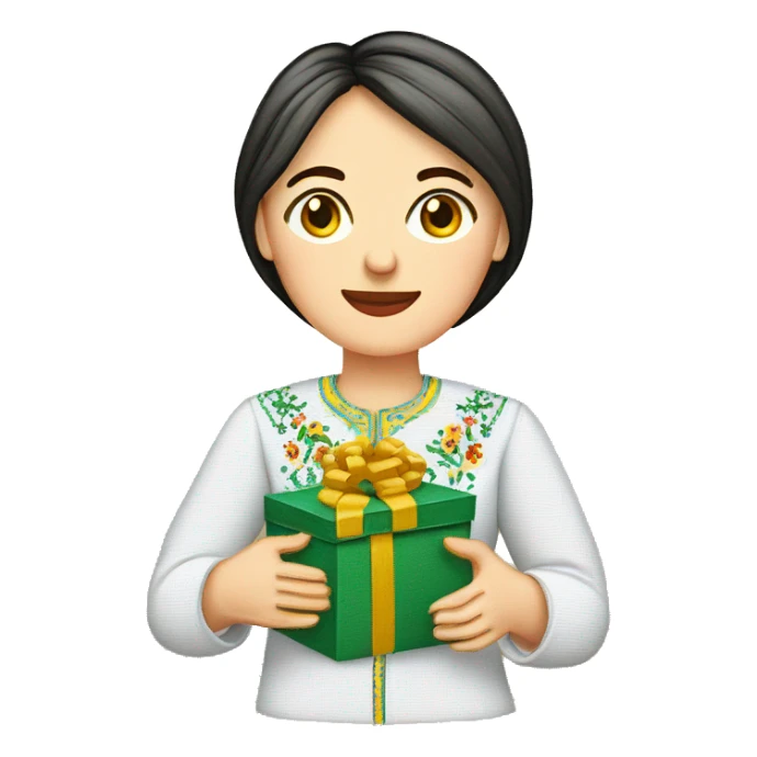 A female teacher in Ukrainian embroidery holds a gift in her hand sticker