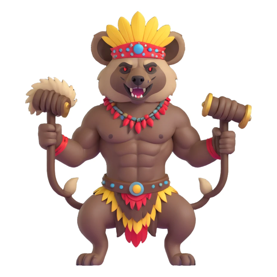A native strong buff hyena with war bonnet flexing posing full body holding a chopped off human head by the hair  sticker