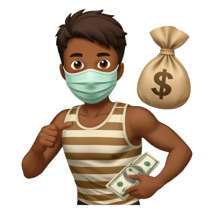 robber running with a stripped top and a money bag over his shoulder and a mask  sticker