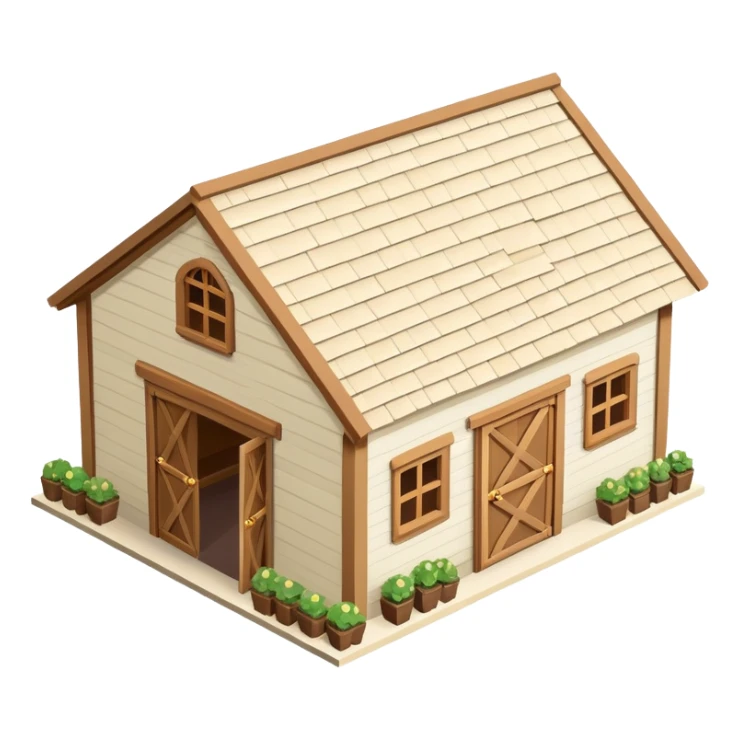 Equestrian stable exterior, isometric dollhouse-style, realistic sticker
