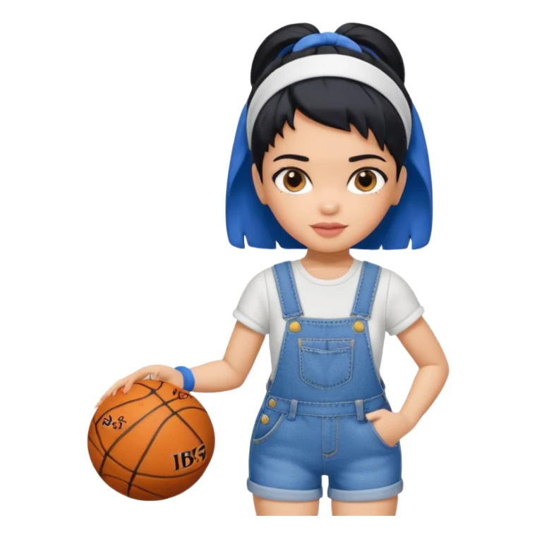 generate a pretty bratz that looks like Kajol Devgn\ bollywood actress
 Wearing  denim overalls with short blackhair and a blue hairband. Carrying a basketball sticker
