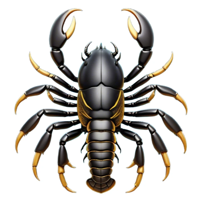 Cinematic Noble Emperor Scorpion Portrait Emoji, Poised and formidable, with a robust, armored build and a glossy, jet-black exoskeleton accented by striking, segmented pincers, deep-set piercing eyes, Simplified yet sharp and sophisticated features, highly detailed, glowing with a cool, dignified glow, high shine, intelligent and imposing, stylized with an air of ancient desert majesty, focused and attentive, soft glowing outline, capturing the essence of a watchful and commanding scorpion that feels as though it could silently creep out of the screen with effortless authority! sticker