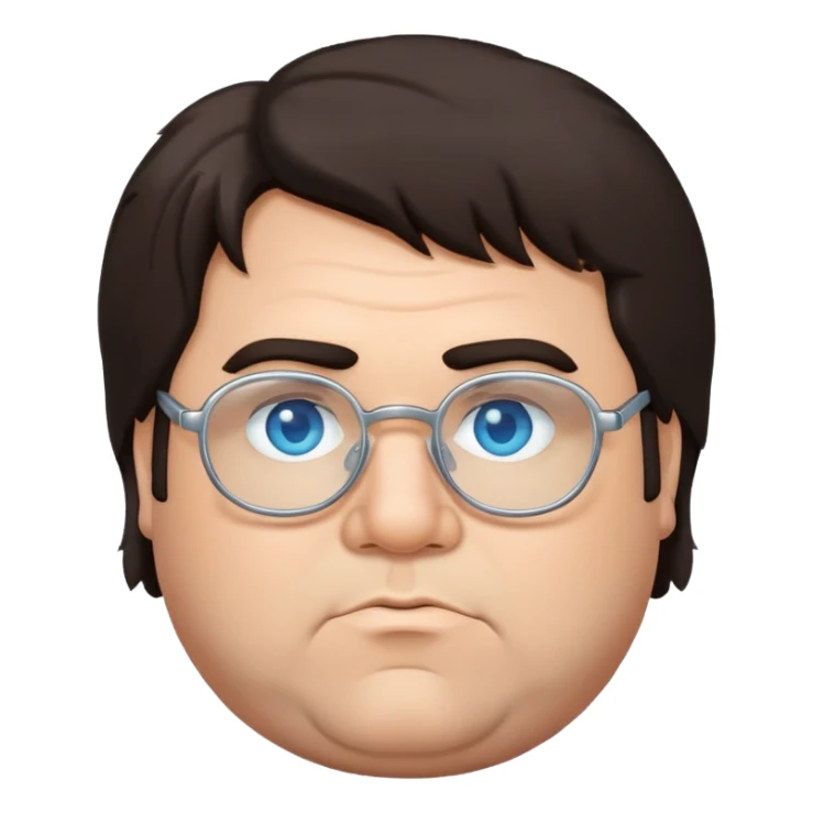Fat man with shaggy dark hair and silver glasses and blue eyes sticker