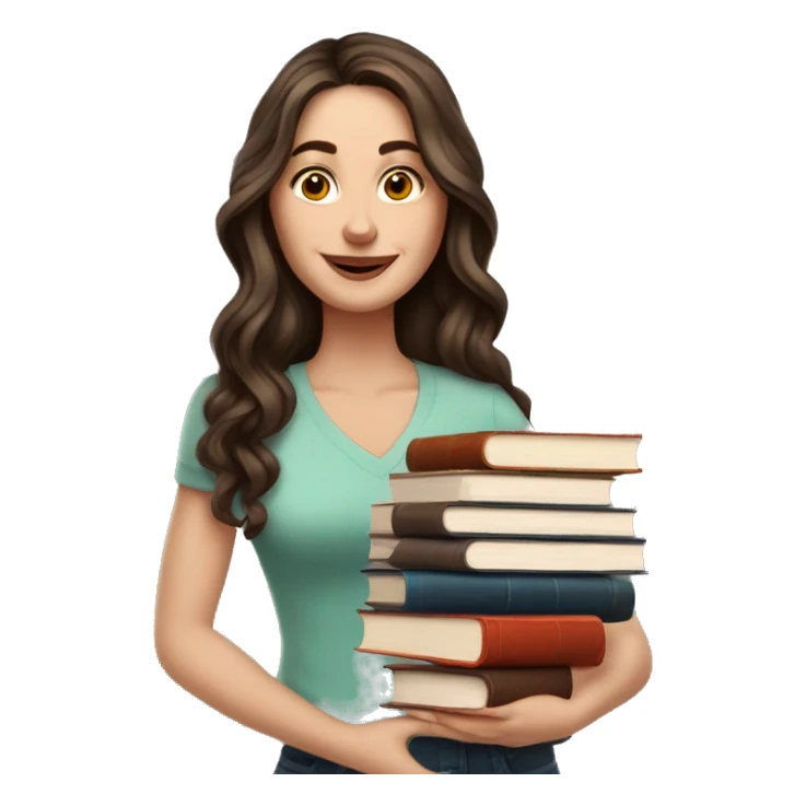 white woman brunette long wavy hair highlights woman while holding large stack of books sticker