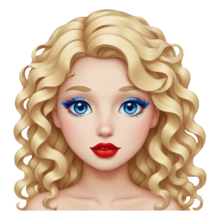 Blue eyeshadow and red lips with matching blush long blonde curly hair sticker