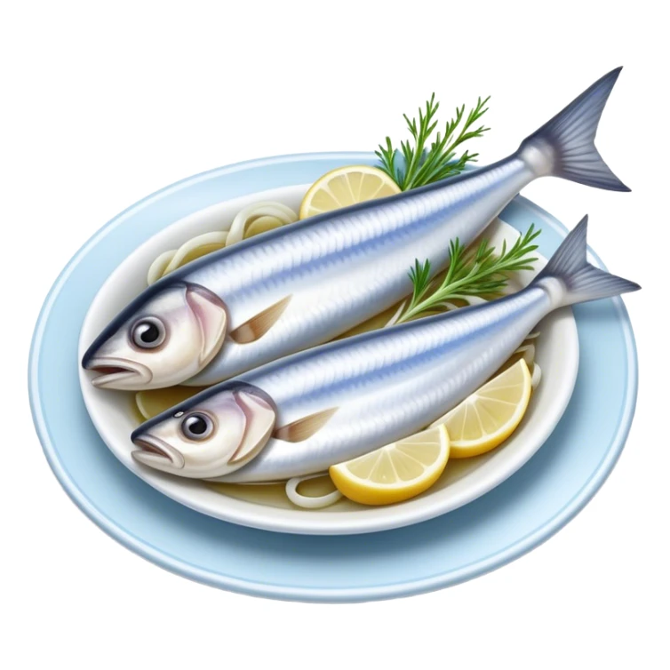 Cinematic Realistic Herring Dish Emoji, showcasing a traditional preparation of fresh herring with onions rendered with lifelike detail and cool, crisp lighting. sticker