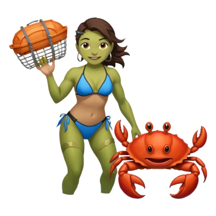 orc female Swimsuit with armored pauldrons, dragging a comically large crab trap sticker