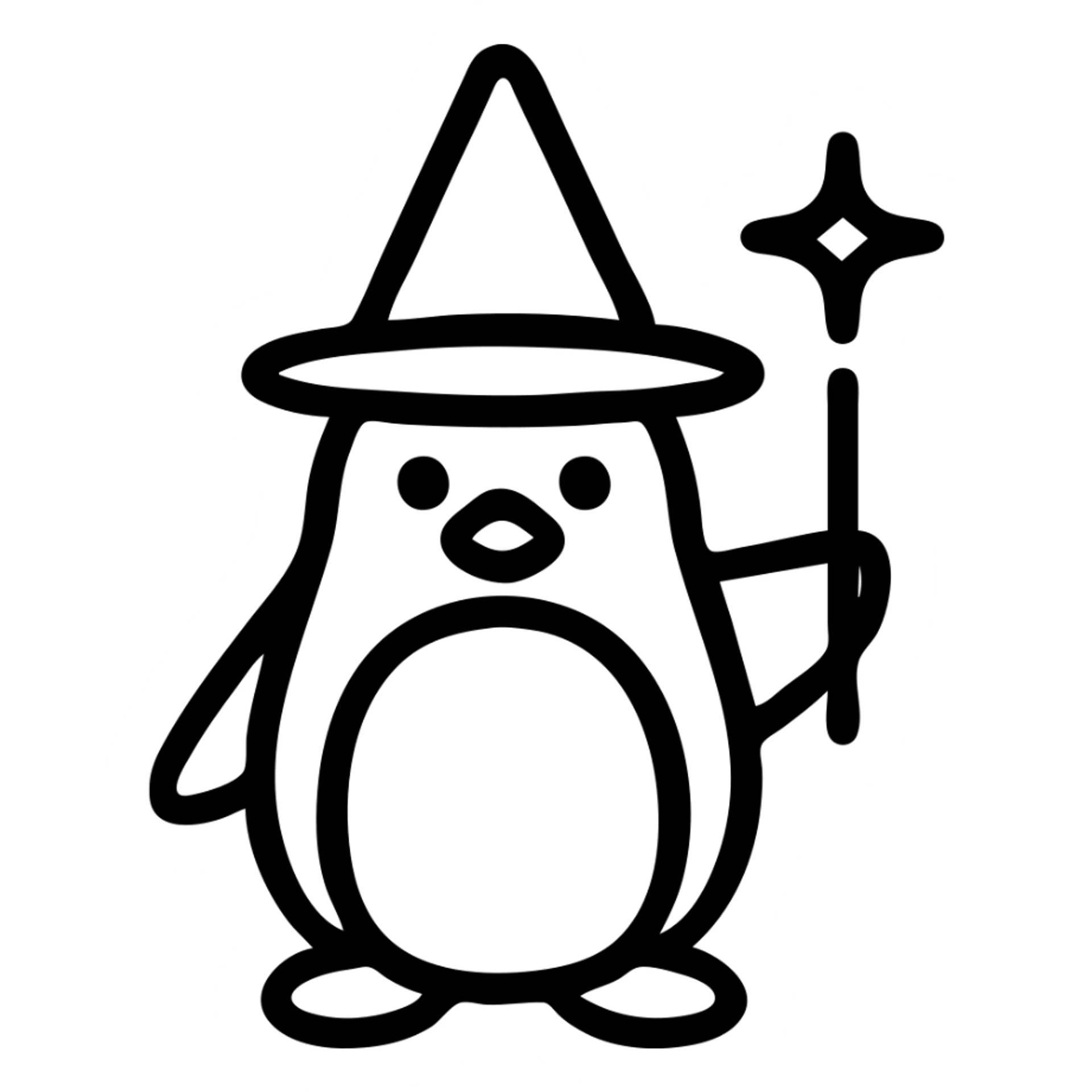 simple and recognizable wizard penguin icon with a pointed hat and a magic wand sticker