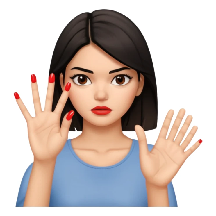 kendall jenner looking anoyed and showing her palm which is small signalising stop sticker