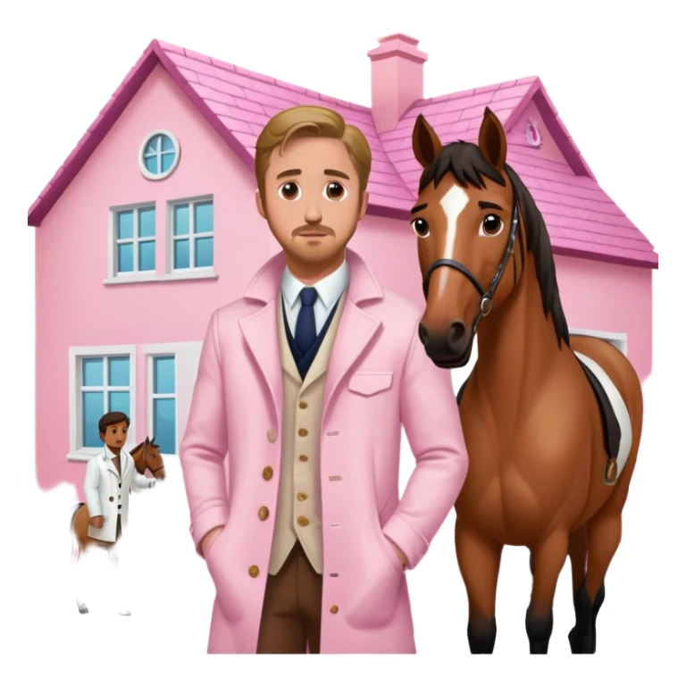 Ken playing by Ryan Gosling  in a pink house wearing a white coat standing next to a horse a horse ￼￼ sticker