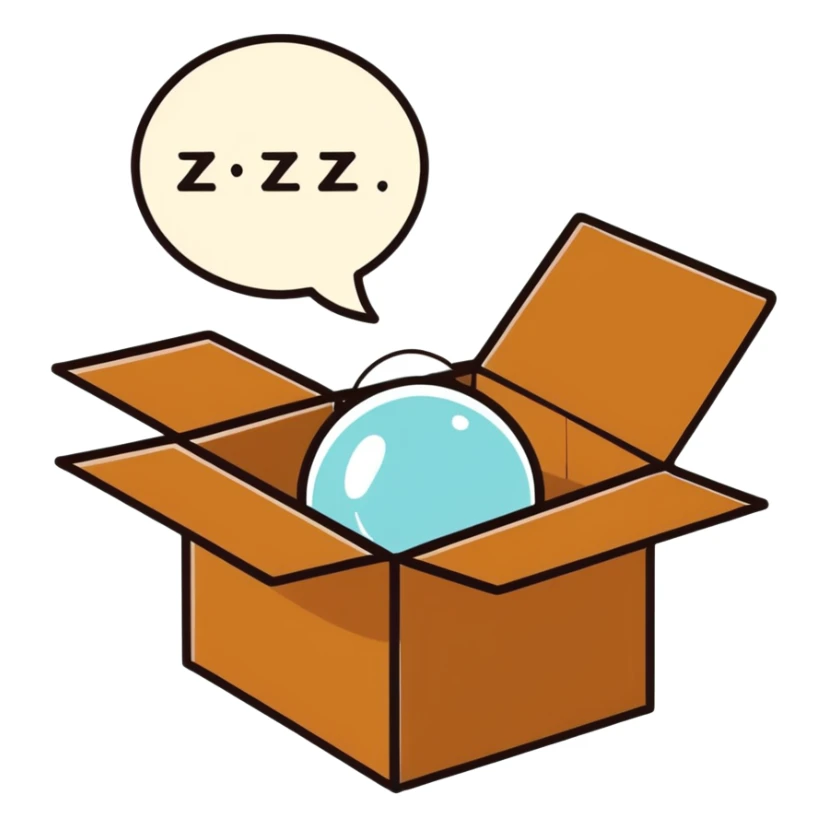 emoji of sleeping box, box is brown colored, open and empty, with a tiny Zzz bubble sticker