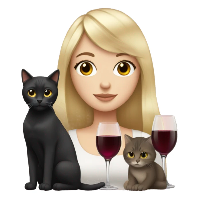 White girl with bangs, black hair and two cats drinking wine  sticker