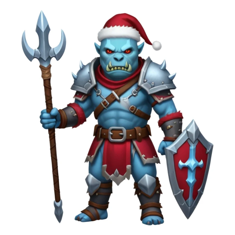 
Fantasy Christmas orc legion soldier icon, iron tundra army theme, heavy winter armor, disciplined brutal look, icy blue steel armor with deep crimson accents, frozen metal texture, cold winter atmosphere, clean readable emoji style
 sticker