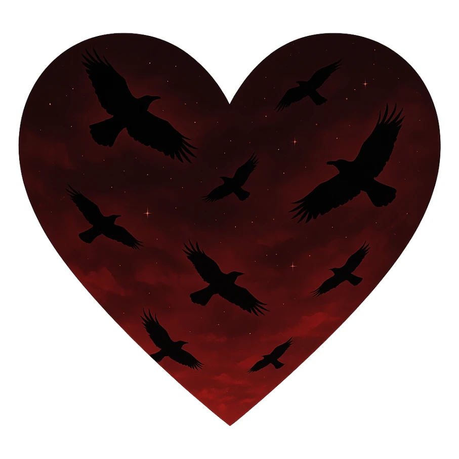  heart with red night sky and dark ravens, remove background sticker