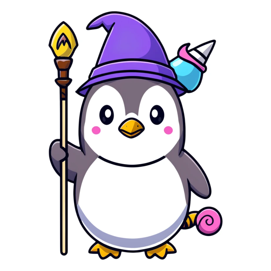 penguin wizard with a staff and hat surrounded by a small dragon, fairy, and unicorn sticker
