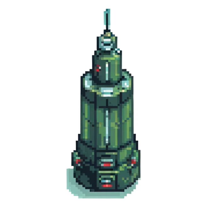 Make this missile battery look futuristic in pixel art style with no background, emphasizing pixel detail and retro-futuristic design. sticker