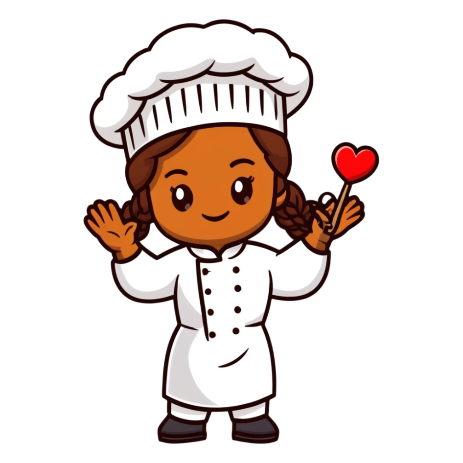 Brown-skinned female chef with long braided brown hair, wearing a chef's hat, with both an angel halo and devil horns, making a heart shape with her hands sticker