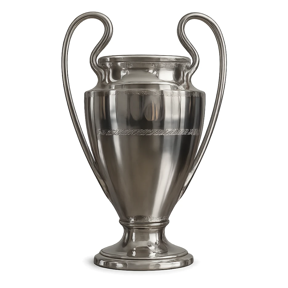 champion's league trophy, realistic, polished metal, reflections, ornate details, isolated on white, no text sticker