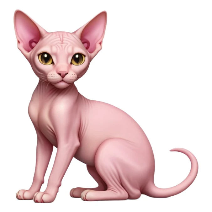 cinematic-[sphynx cat]-realistic-full-body-sitting-emoji,-tail-curled-playfully-around-its-paws,-head-tilted-dramatically,-sleek-[pink]-skin,-simplified-yet-realistic-focused-features,-highly-detailed,-glowing-with-an-almost-sarcastic-glow sticker