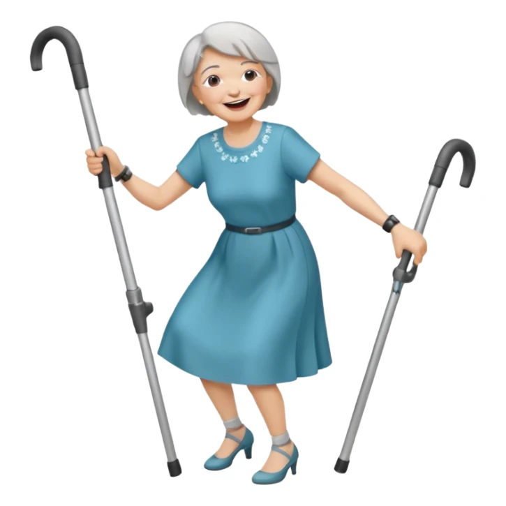 elderly woman with pants, short grey hair, laughing and dancing th crutches sticker