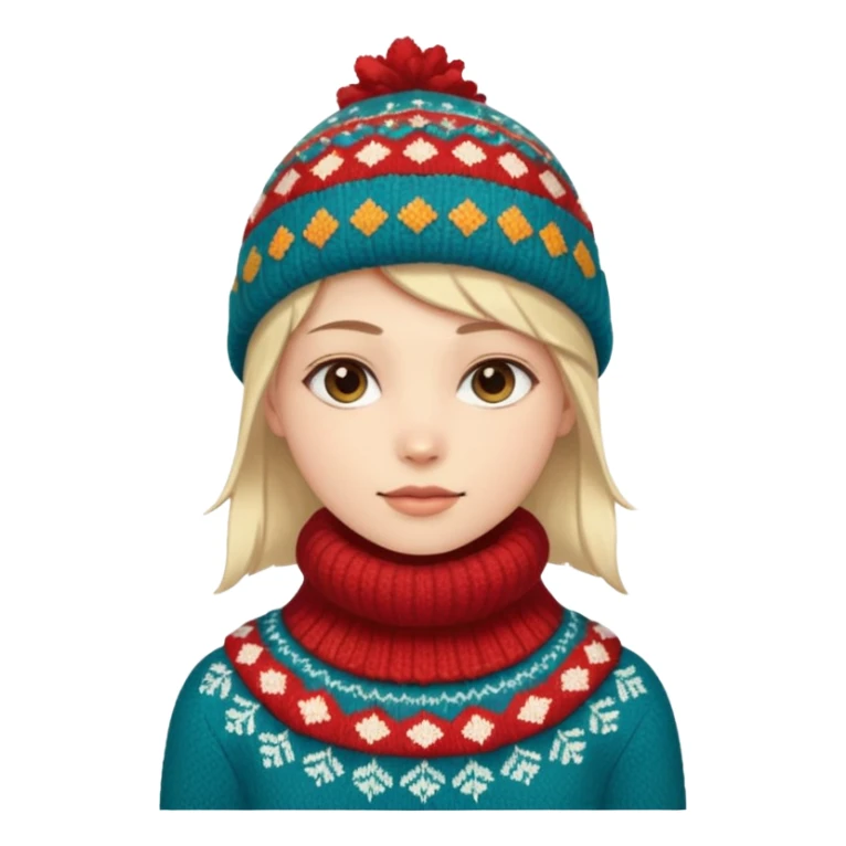 Fantasy human emoji portrait, knitted winter collar with simple pattern, festive but subtle look, warm colors, minimal fantasy style, clean emoji design, male/female variant
 sticker