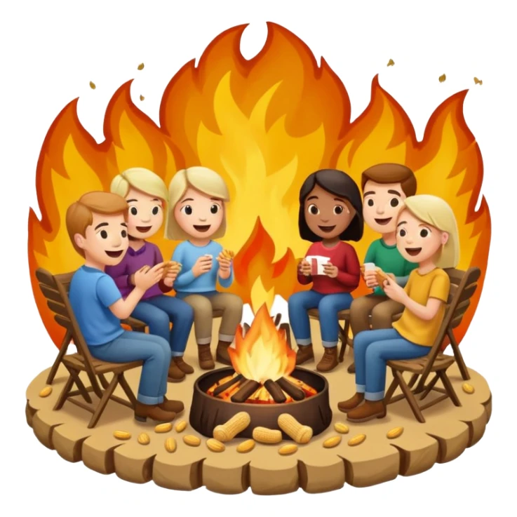 Born fire and people sitting beside born fire on chairs eating peanuts. Born fire is in the centre sticker