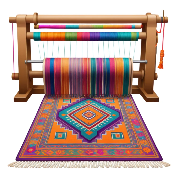 Carpet weaving icon, finished woven carpet with intricate patterns, colorful threads, weaving loom in background, minimalistic style, clean lines, transparent background. sticker