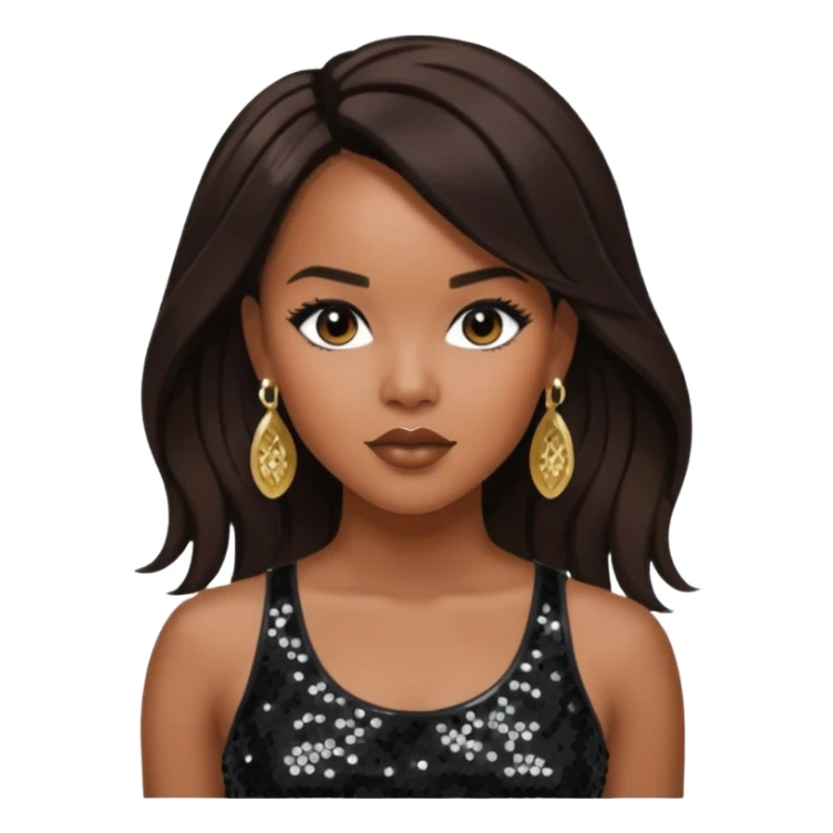 LeToya Luckett with long dark brown hair, black sequin crop top, black earring sticker