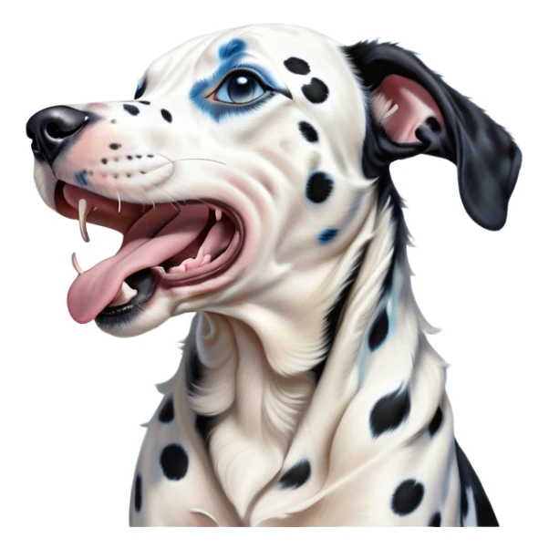 Cinematic Cute Yawning Harlequin Dalmatian Portrait Emoji, Head tilted slightly with a dramatic, wide-open yawn, showcasing a smooth Fur of predominantly white with bold black patches, floppy ears slightly drooping, round blue eyes barely open in drowsy contentment, Simplified yet irresistibly adorable features, highly detailed, glowing with a soft, cozy glow, high shine, relaxed yet expressive, stylized with a touch of whimsy, bright and endearing, soft glowing outline, capturing the essence of a sleepy yet affectionate guardian, so drowsy it feels like it could stretch out of the screen and curl up for a nap! sticker