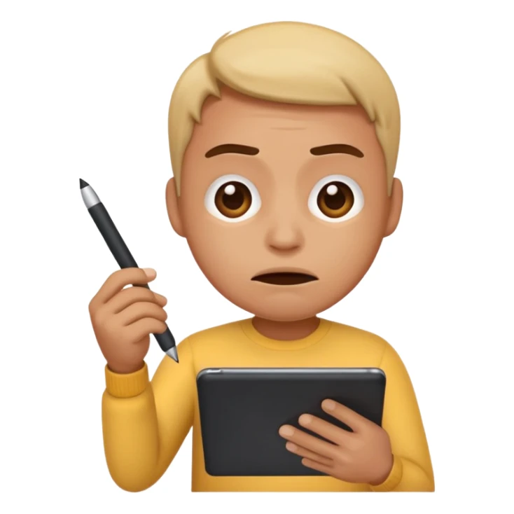 emoji holding and drawing on tablet using a stylus, looking down at screen in frustration sticker