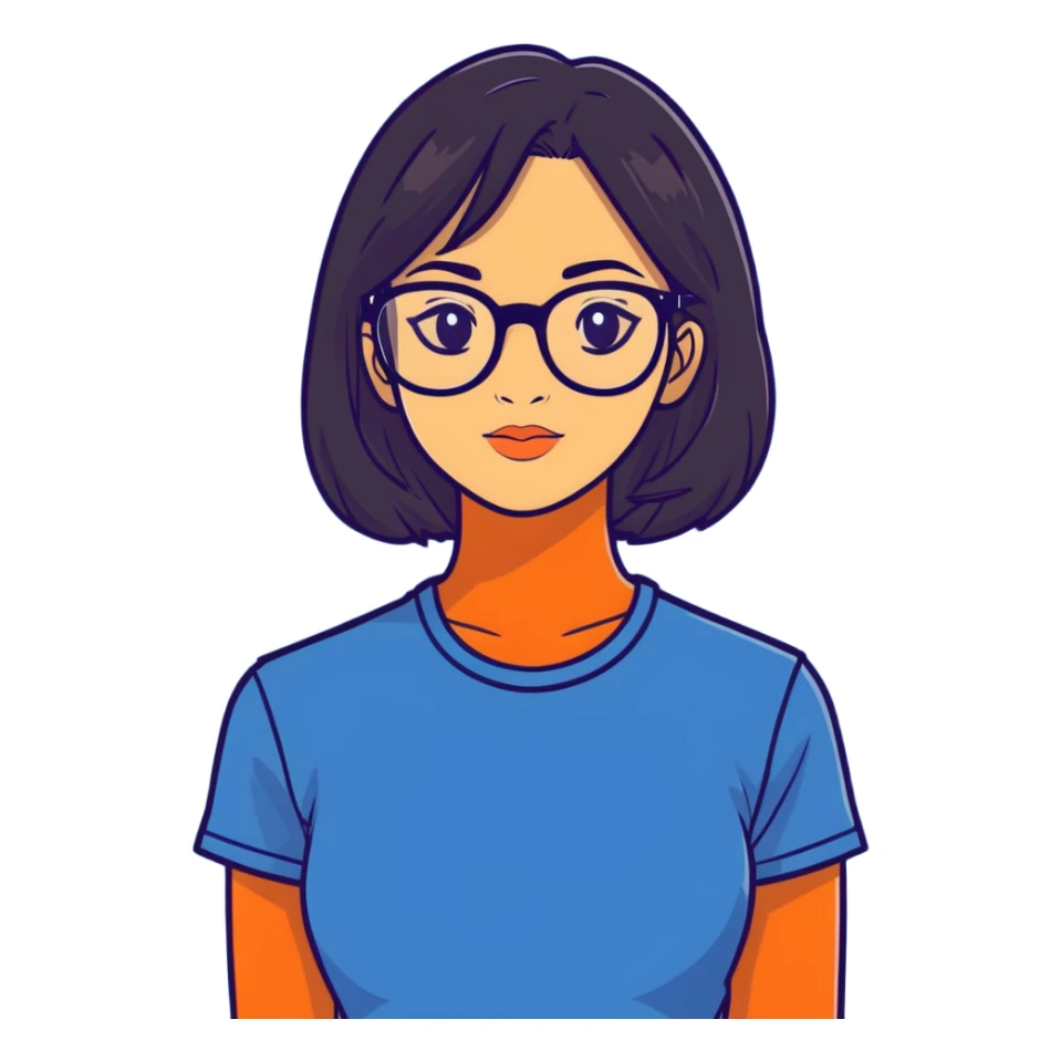 A girl with dark hair, wearing glasses, slightly tanned, with a mole below her left lip. She is wearing a dark blue T-shirt. sticker