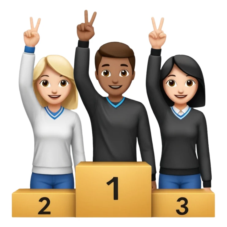 three casually dressed people on a winners podium with the center step higher, black and white, no numbers, center person holding up one finger on each hand, left person holding up two fingers on each hand, right person holding up three fingers on each hand, cheerful expressive emoji style sticker