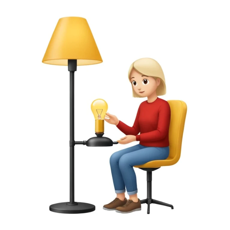 eine Person sitzt unter einer Lampe, die sie direkt anstrahlt, Lichtkegel deutlich, minimalistisch sticker