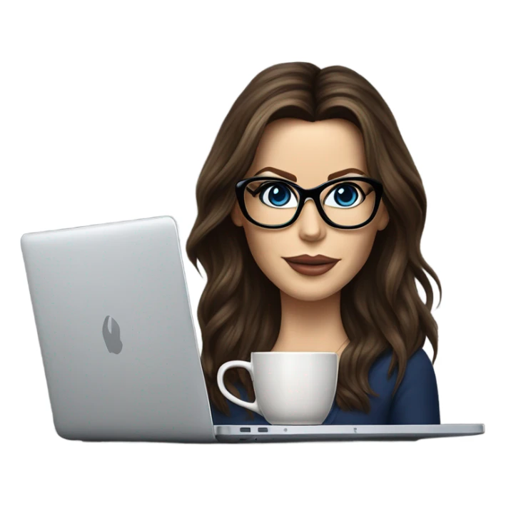 Hyper Realistic Kate Beckinsale dark blue eyes wearing glasses drinking coffee at a laptop  sticker
