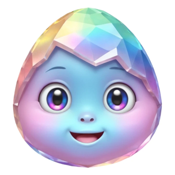 One pastel rainbow quartz rock baby character, small round faceted head, smooth but clearly rock-like, soft iridescent reflections, huge eyes and tiny smiling mouth, 3D render, high detail, plain dark background, no extra objects sticker
