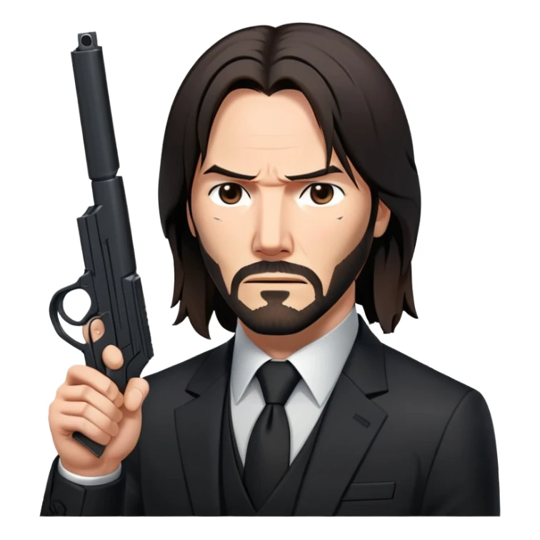 John Wick in black suit with long hair, determined expression, holding a gun sticker