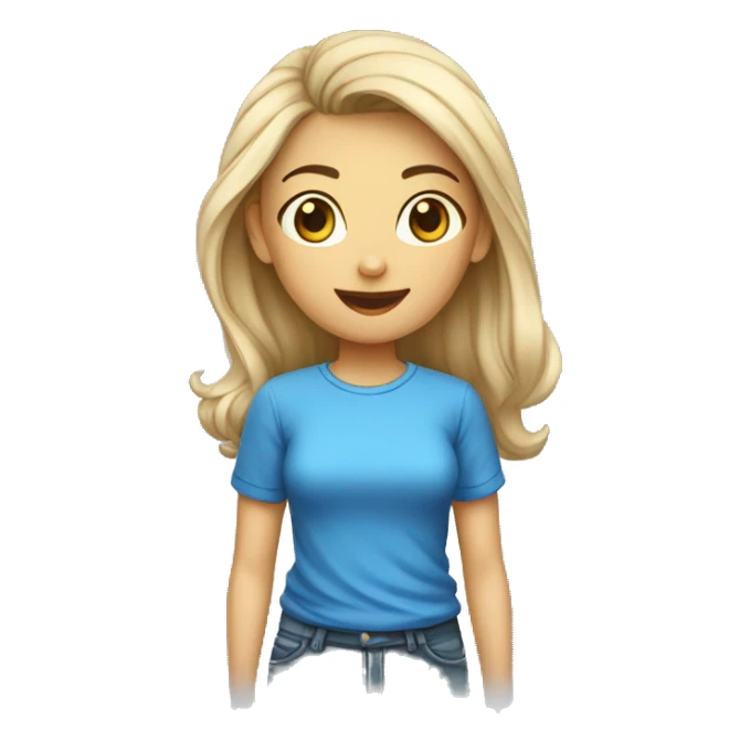 mulher loira com uma camiseta azul escrito link oferta sticker