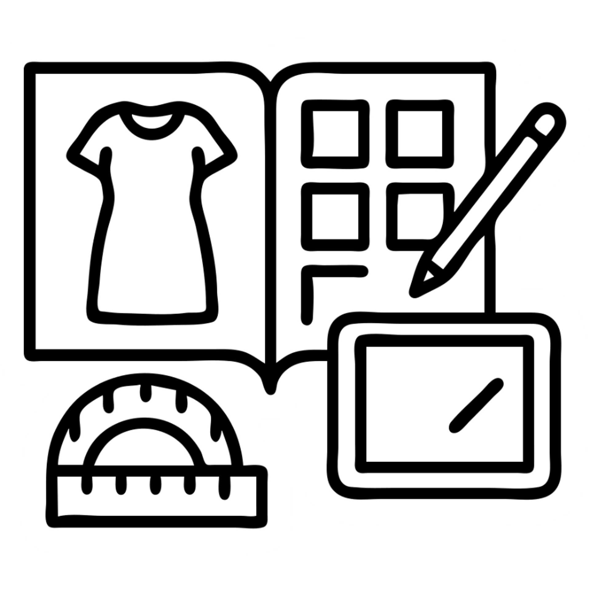 Minimalist vector icon representing fashion design management: an overhead view of a stylized open tech pack document showing a garment sketch, alongside a color swatch grid, a digital tablet with a pen, and a measuring tape curved into the shape of a semicircle. Use clean lines, soft neutral tones with one pop of color (like coral or teal), and geometric shapes. The icon should convey precision, creativity, and fashion process in a modern, professional style. Designed to be easily recognizable at small sizes. Yellow & black theme sticker