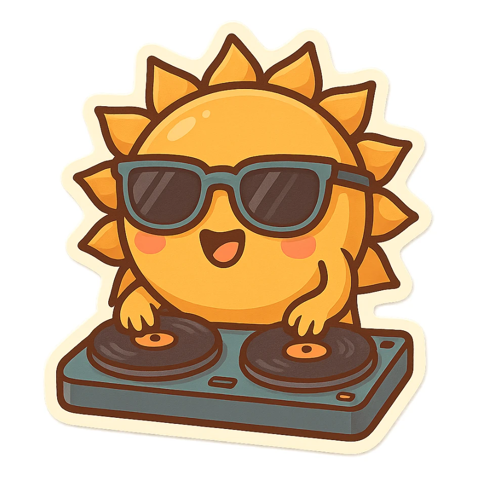 A cartoon sun spinning records as a DJ, with cool sunglasses, chibi stickers style, fun and lively sticker