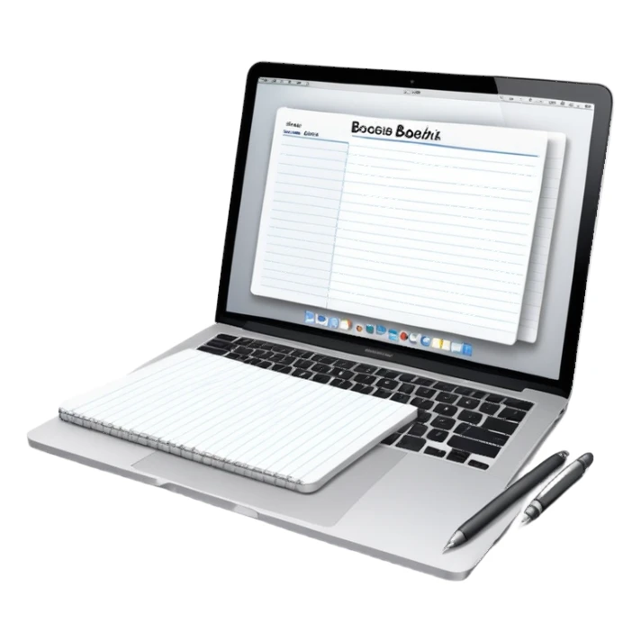 online booking system on MacBook screen beside a classic paper notebook and pen sticker
