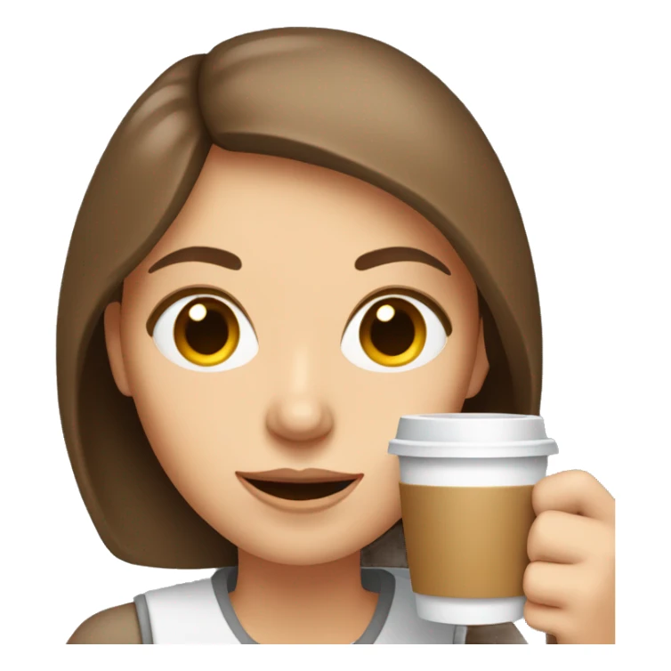 White woman with brown hair and grey eyes holding a coffee cup sticker