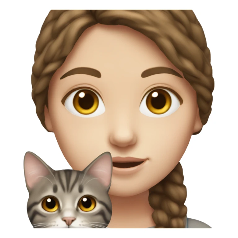 brown haired girl with pale skin holding greyish brown tabby cat realistic  sticker