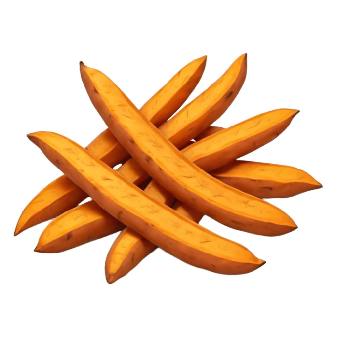 sweet potato fries, two or three, thick-cut, orange interior, golden-brown edges, natural baked or fried texture, gentle curves, rustic, warm, crispy outside, soft inside, no plate or dip, no faces, clean 3D, soft shadows, transparent background, emoji scale sticker