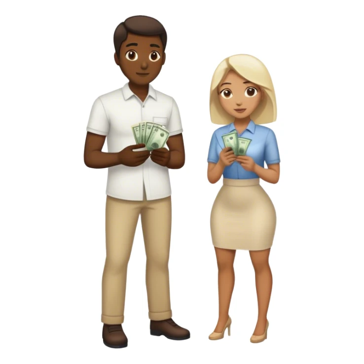 Man on knees woman standing handing her money sticker