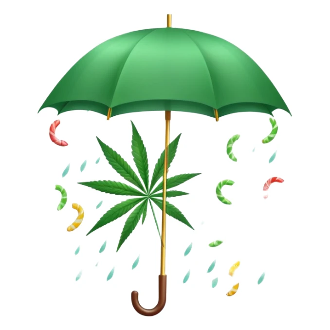 Candy raining from the sky with an umbrella and a cannabis leaf sticker