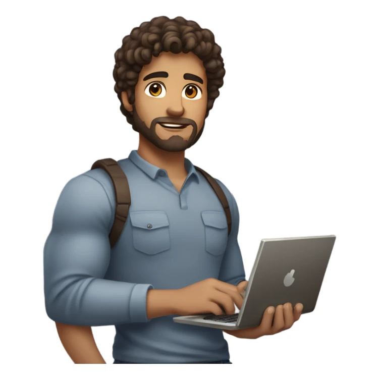 men holding his computer in hands. light brown skin men with curly dark hair, dark brown eyes, little grown beard. ust a tiny bit muscular. dressed casual. round face. sticker