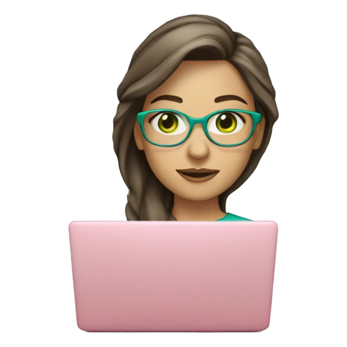 Female coding teacher with a laptop, with long brunette hair, green eyes, fair skin, teal eye glasses and a pink feminine shirt sticker