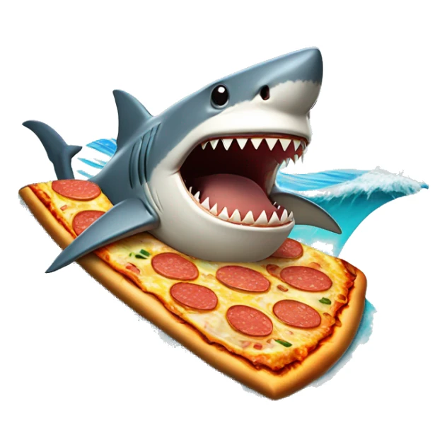 shark riding surf board eating a pizza on a wave sticker